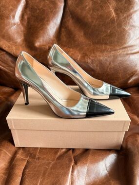 Prada Silver Metallic Pumps with Black Pointed Cap Toe